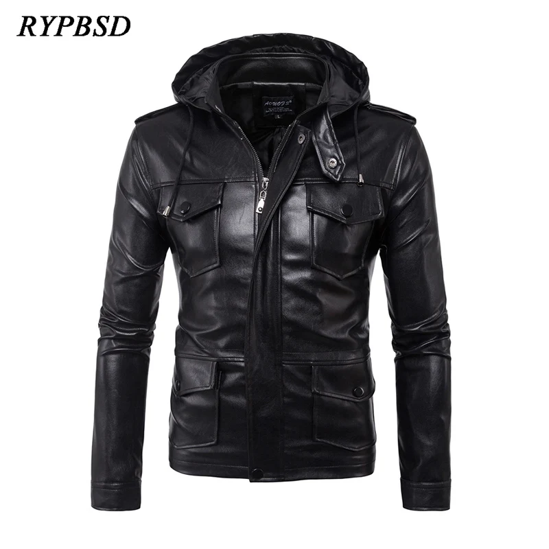 

Мужская кожаная куртка с капюшоном, черная Модная брендовая осенне-зимняя Байкерская мотоциклетная кожаная куртка на молнии с несколькими ...