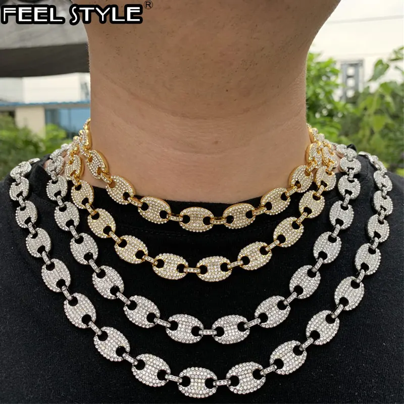 CZ Gold Coffee Iced Out Alloy Bean Pig Nose Rhinestone Necklace Charm Link Chain Bling Necklaces for Men HIP HOP Jewelry | Украшения и
