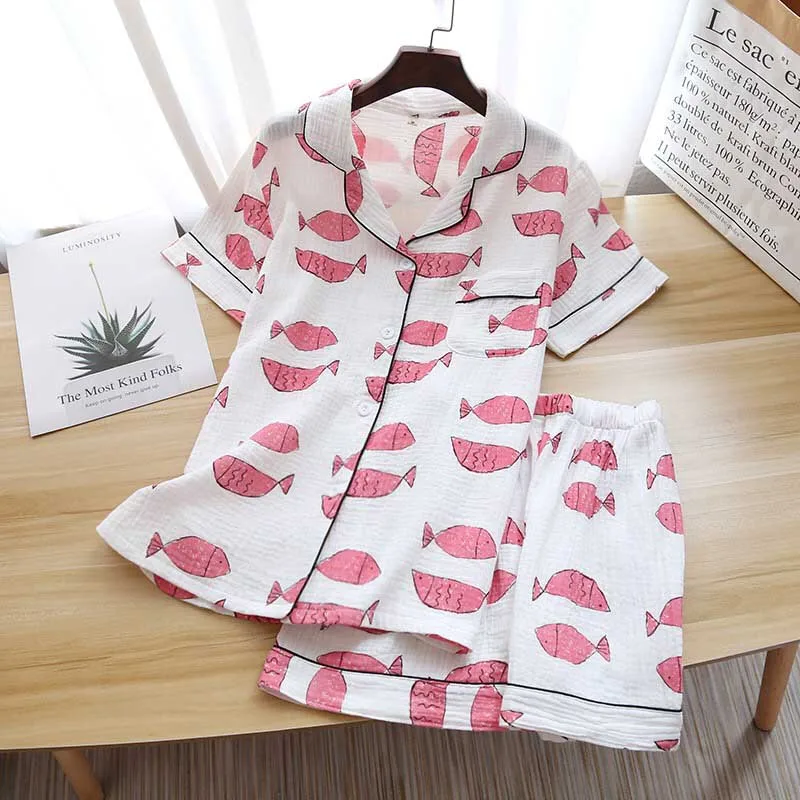 Summer New Ladies Korean Style Pajamas Set Comfort Gauze Cotton Women Loose Sleepwear Set Turn-down Collar Casual Wear Home-wear