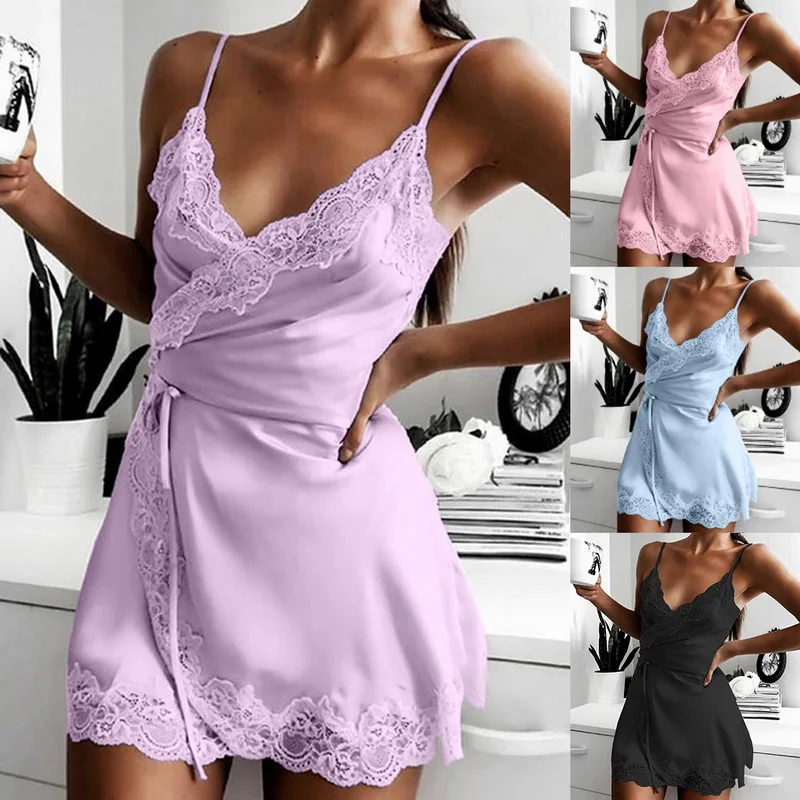 

Women's Sexy V-neck Sleepwear Solid Color Lace Satin Nightdress Spaghetti Strap Sleeveless Lingerie Nightgown Female Pyjamas