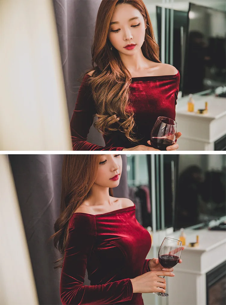 

Spring and autumn fashion sexy one neck off shoulder long sleeve slim fit bag hip gold velvet dress 4971 banquet dress