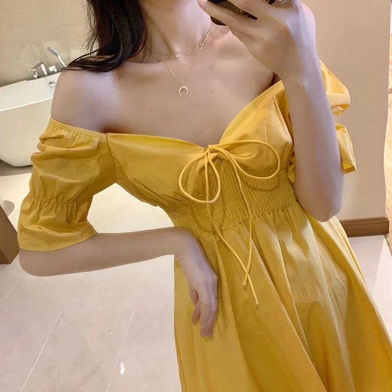 

2021New Summer Dress Sexy Bandage Word Shoulder Sweet Receive Waist Temperament Slim Waist Solid Color Lady Dress A66