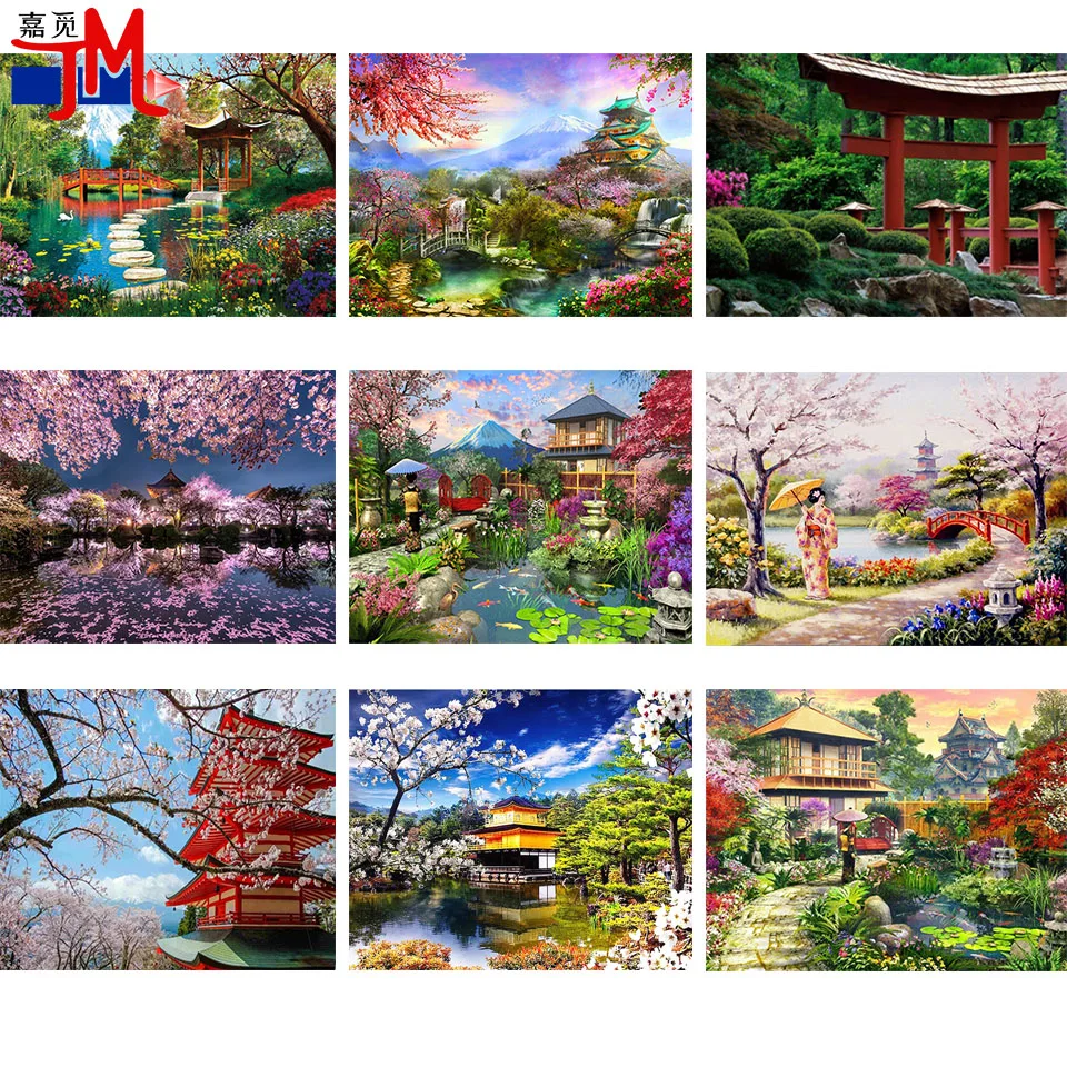 

Handcrafted Diamond Painting Japanese Garden Landscape Diamond Embroidery 5D DIY Full Square Round Mosaic Cherry Blossoms Decor