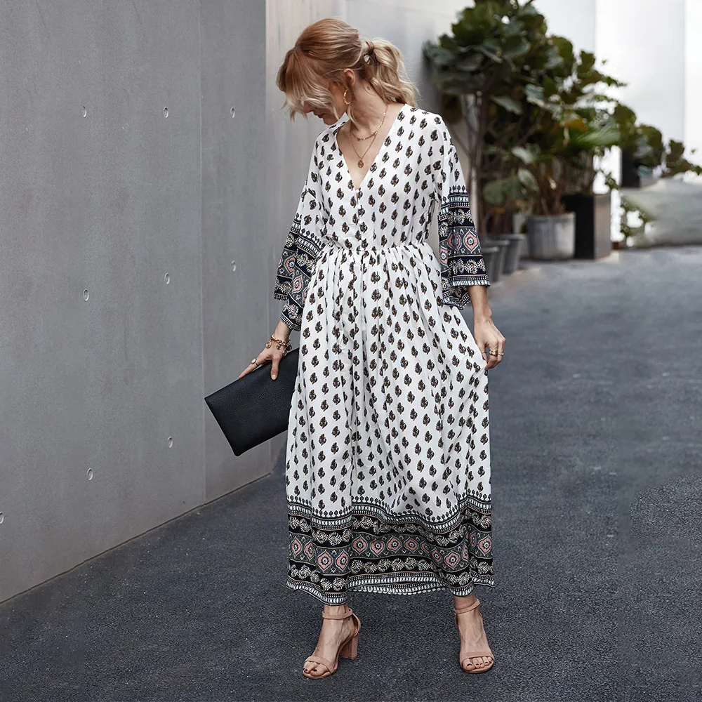 Весна Boho Maxi Dress женские джинсы с высокой талией пикантные элегантные винтажные