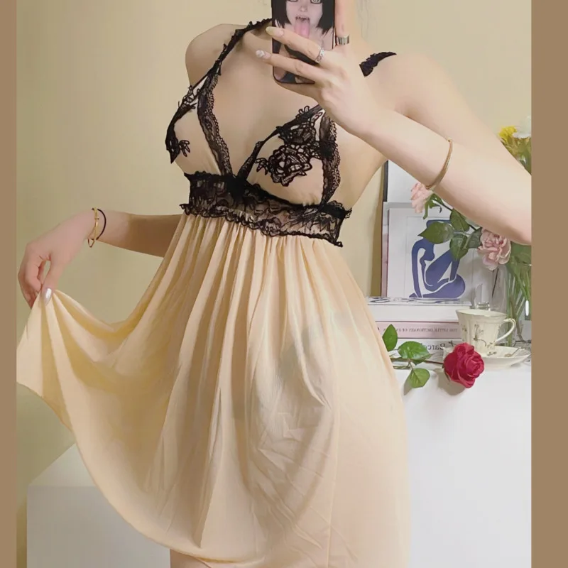 

Сетчатая кружевная ультратонкая вышитая подвеска, черная розовая Женская юбка для сна, женская сексуальная соблазнительная юбка без оправ...