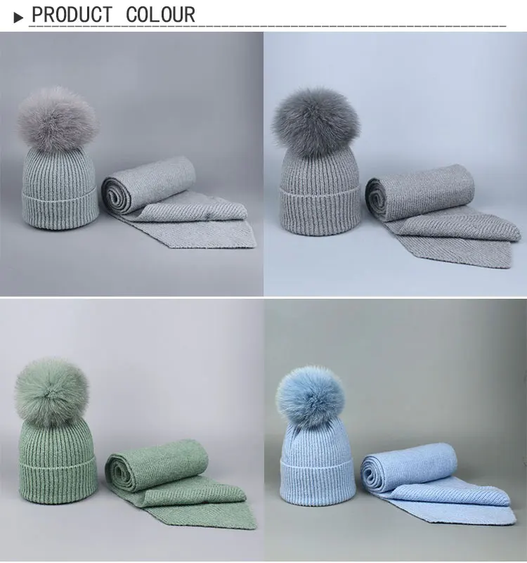 Parent-child Wool Knitted Scarf Hat Set With Real Fox Fur Pompons Women Girls Winter Warm Thick Crochet Hat Scarf 2 Pieces Sets