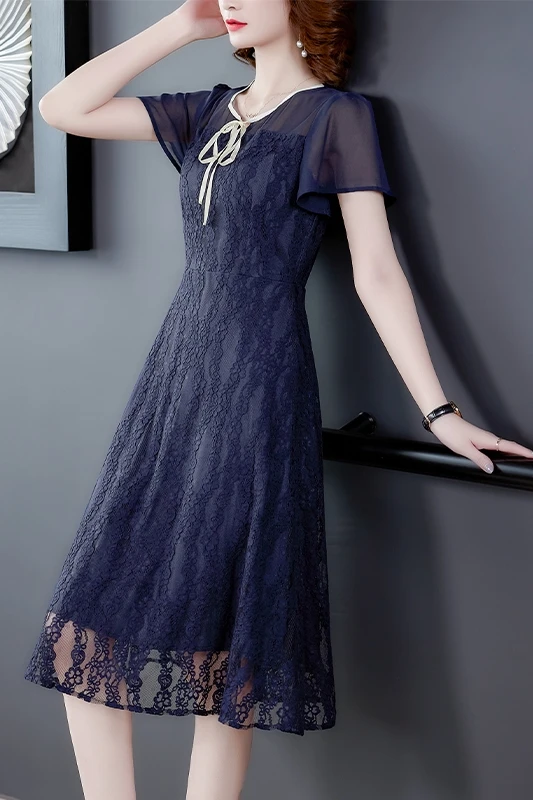 

COIGARSAM 4XL Plus Size Lace Women dress New Summer Dresses Navy Blue 1555