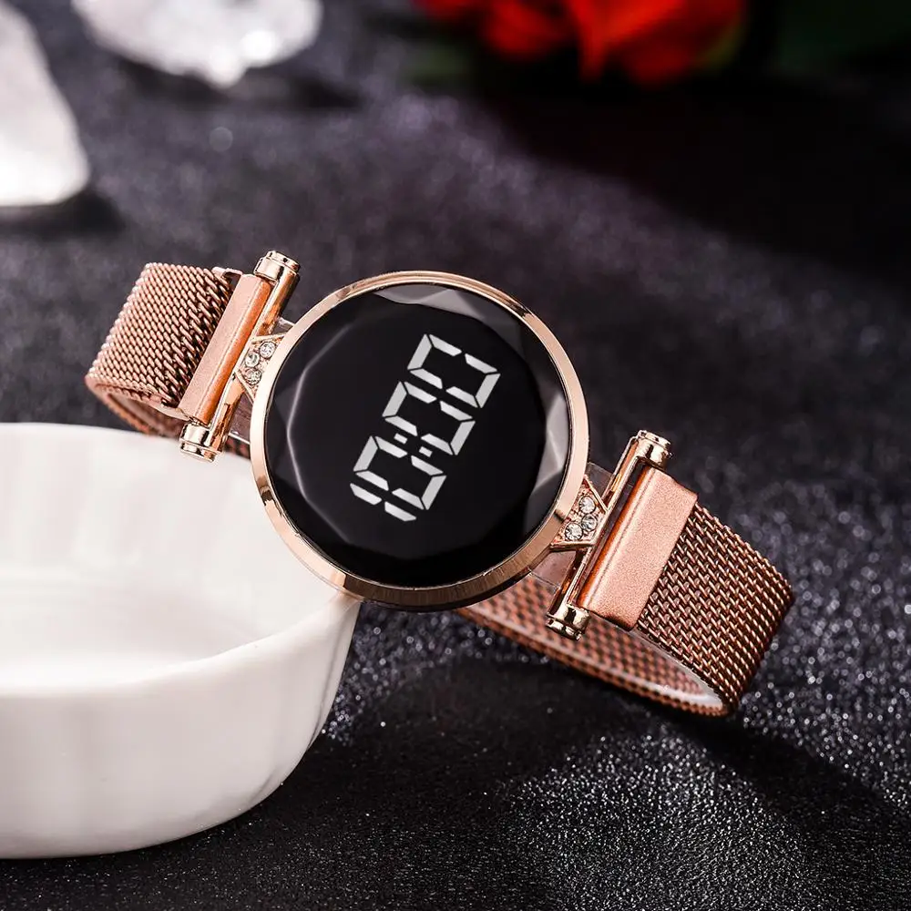 

Luxury Digital Magnet Watches For Women Rose Gold Stainless Steel Dress LED Quartz Watch Female Clock Relogio Feminino Drop Ship