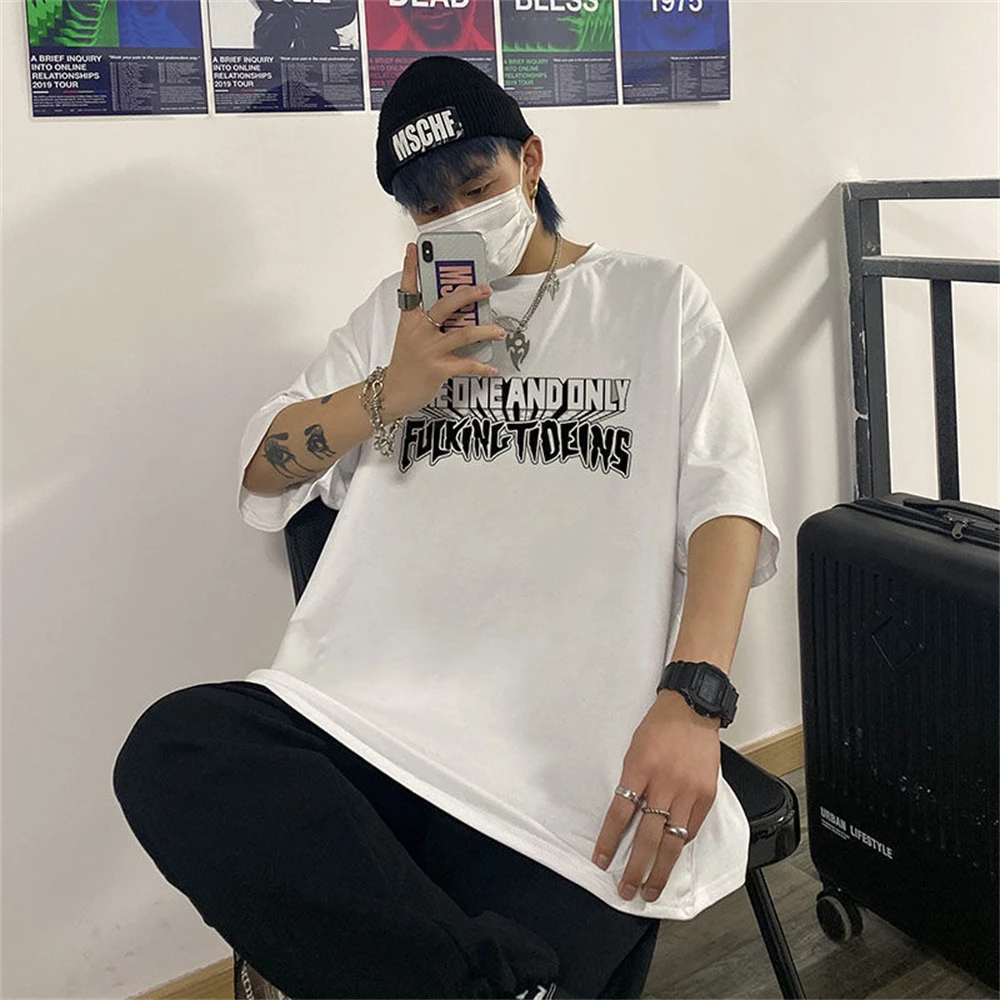 

Men Summer Clothing 2021 Loose Half Sleeve Korean T-Shirt Summer Letter Print T-ShirtMale Funny Harajuku Clothes Graphic TShirt