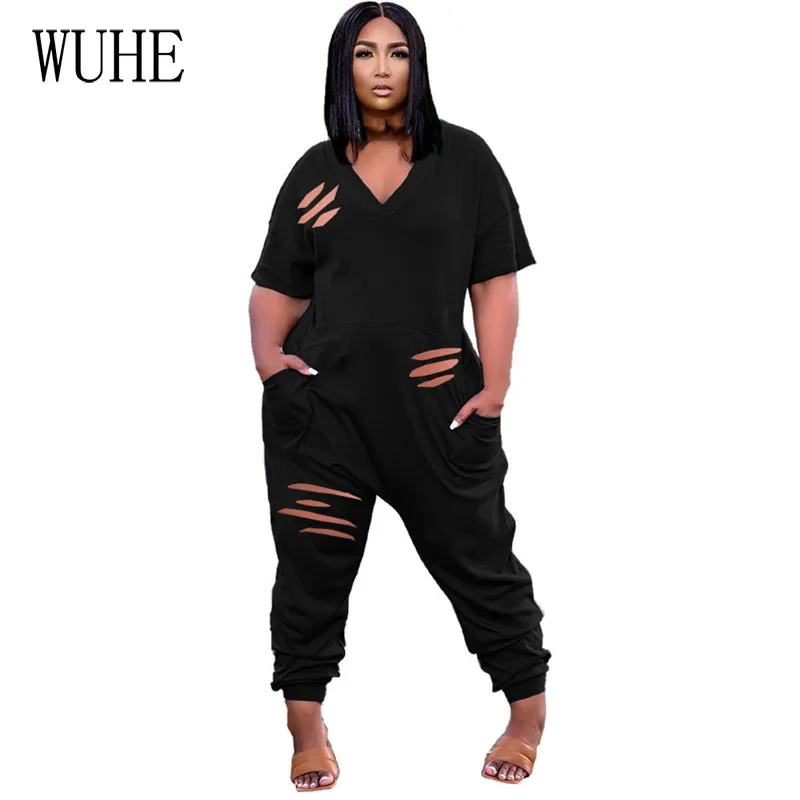 

WUHE Loose Hole Jumpsuits Hollow Out Sexy Short Sleeve Deep V Neck Pockets Elegant Women Casual Sports Streetwear Overalls