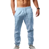 mens cotton linen pants 2021 summer breathable loose solid color elastic waist streetwear pants black oversized trousers men
