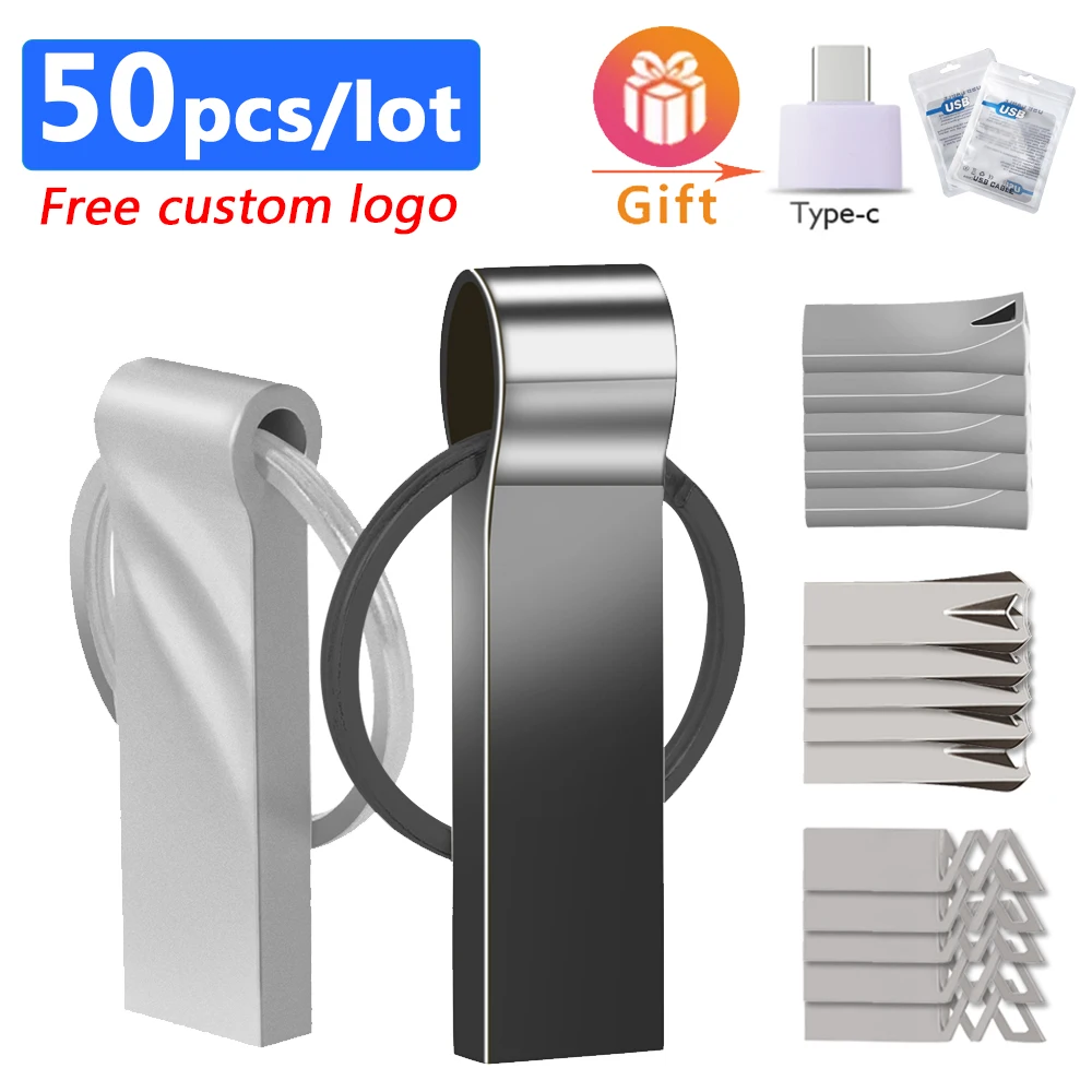 50pcs/lot metal memoria usb flash drive 32GB pendrive 128GB 64GB waterproof pen drive 16GB 8GB flash usb 2.0 stick Custom logo