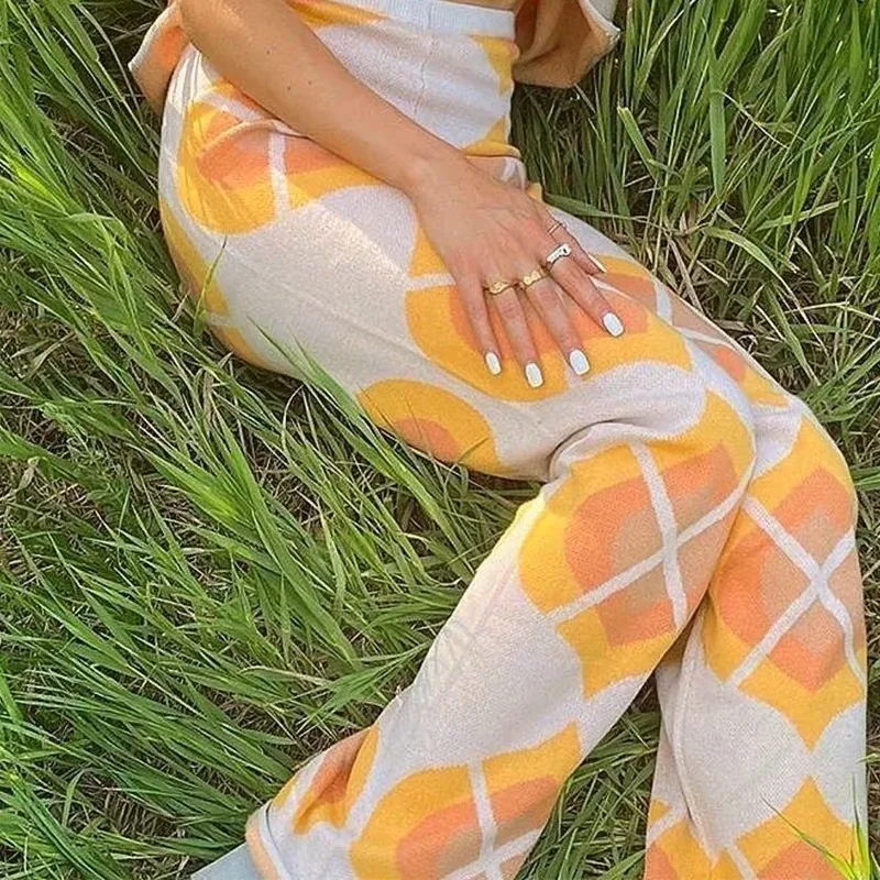 

2021 Spring New Loose Casual Straight Flare Pants Women Summer Amber Pattern Knit Female Wide Leg Pants Casual Fashion Trousers