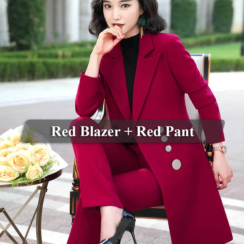 Wine red pant suit Lenshin длинный пиджак и брюки; костюм в уличном стиле; двубортный комплект из двух предметов с брюками - Цвет: Wine red pant suit