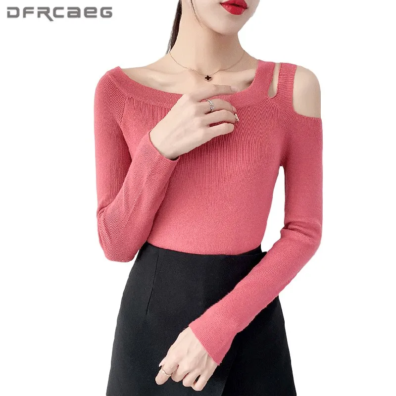 

Sexy Off One Shoulder Knitted Top Clothes 2020 Autumn Winter Long Sleeve Slim Pullover Bottoming Sweaters Female