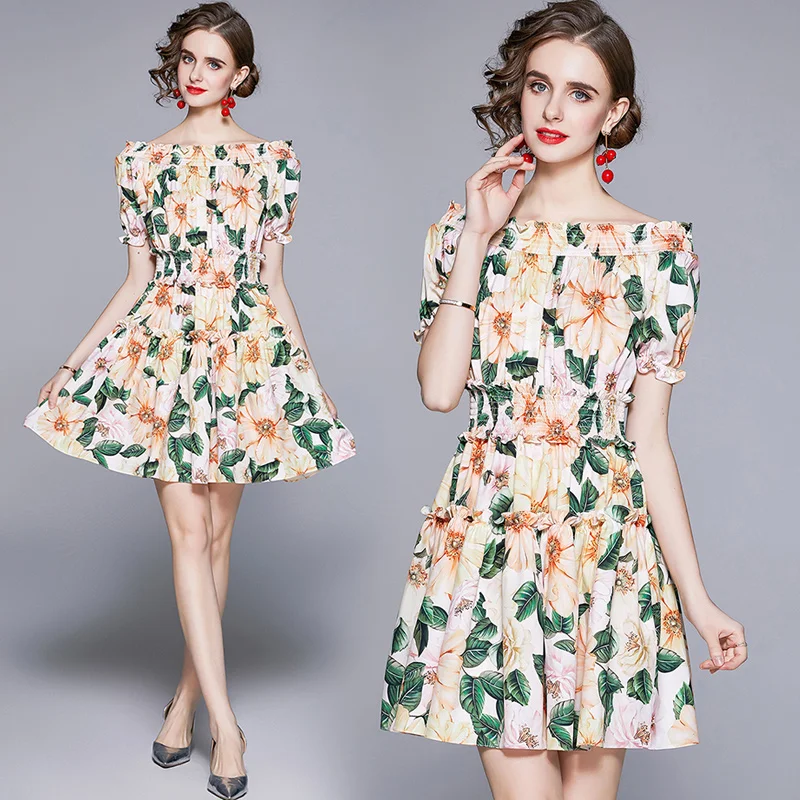 

Chic Print Sexy Shoulder Strapless Slash Neck Beach Dress 2021 Summer Vestidos High Waist Ruffles A-line Dresses