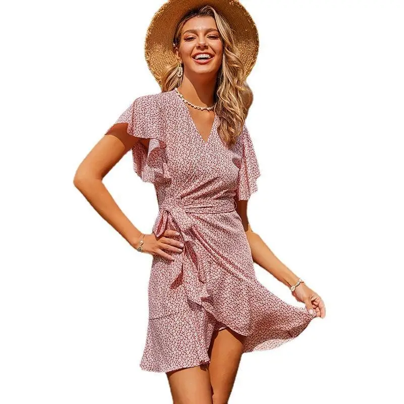

FAKUNTN Summer Dress 2021 Chiffon Sexy V-Neck Short Sleeve Dresses For Women Clothing Dress Women Elegant Casual Beach Dress