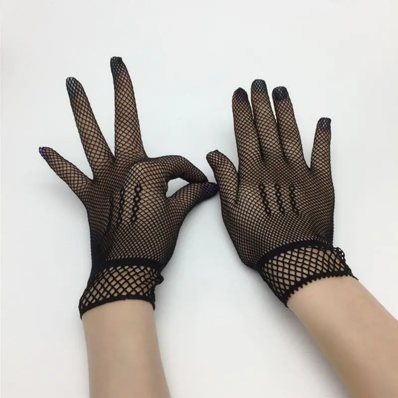 

Women Women Bridal Sexy Hollow Out Fishnet Full Fingered Gloves Wrist Length Elastic Solid Color Sunscreen Mittens Wedding 2