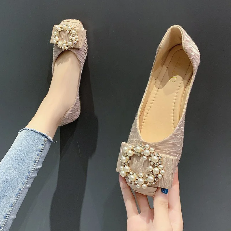 

Женские туфли на плоской подошве, с жемчугом и круглым носком, модные удобные рабочие туфли в Корейском стиле, новинка 2022