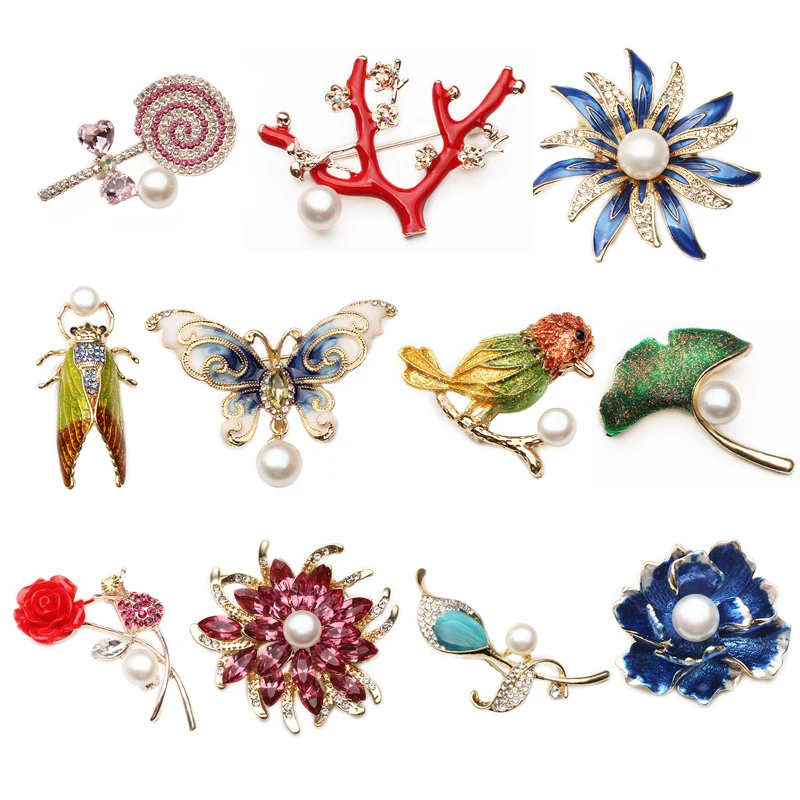Женская красивая брошь из натурального жемчуга эмалированная в форме цветка Annimal