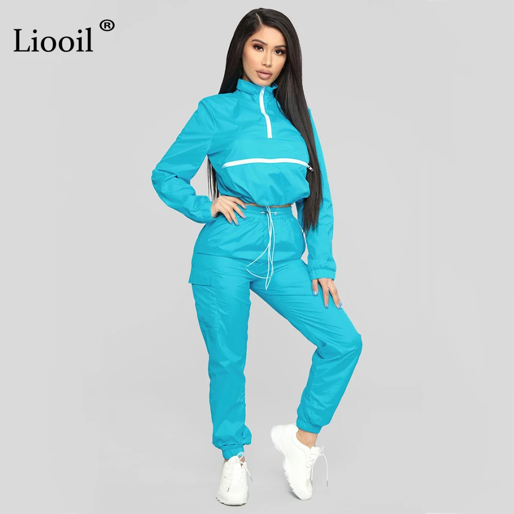 Синий Liooil Neon Green/женская одежда комплект из двух предметов, спортивный костюм осень, укороченный топ с длинными рукавами на молнии и спортивные штаны, комплекты для бега - Цвет: Синий