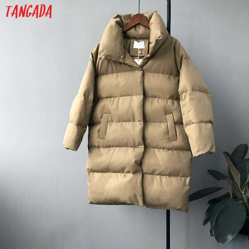 Хаки Tangada, Женские однотонные Длинные парки большого размера, толстые, с длинным рукавом, на пуговицах, с карманами, женское теплое корейское зимнее пальто, модное ATC02 - Цвет: Хаки