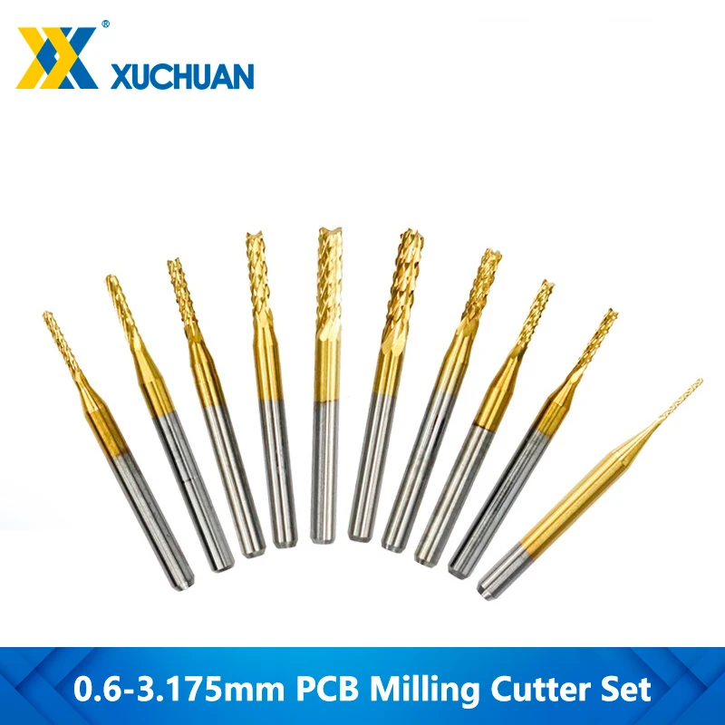 

10pcs 0.6-3.175mm Carbide PCB Milling Cutter Set 3.175mm Shank PCB Machine Engraving Bit End Mill