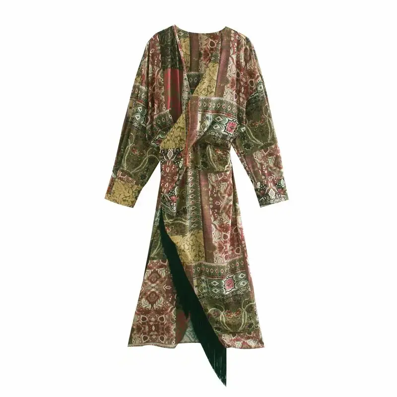 2020 New Women Dress Printed Fringed Hem Long pleated sleeves tassel detail Chic Fashion vestidos femme robe | Женская одежда