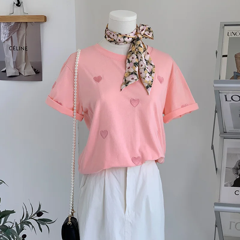 

Short Sleeve T Shirt Women Cotton Slim Pink Purple Tops Summer Tees Embroidery Love T-Shirt Woman Casual Loose Tshirt Femme 2021