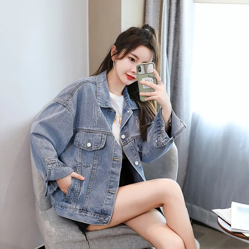 Джинсовая куртка в Корейском стиле Свободная Женская с вышитыми маргаритками