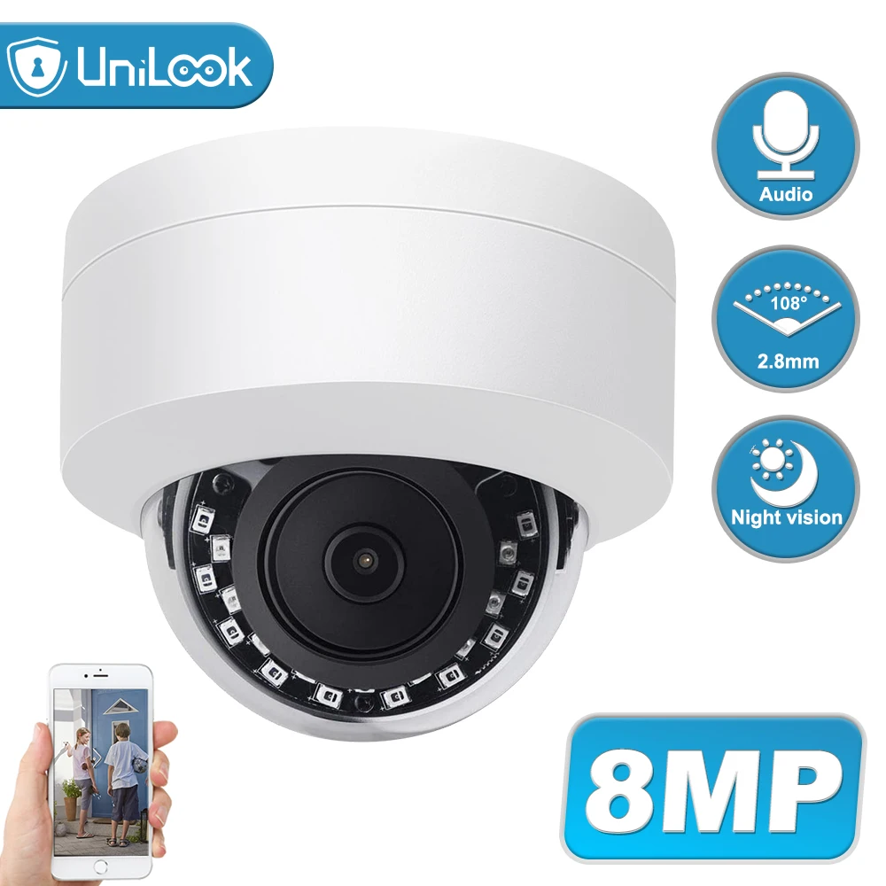 Купольная камера видеонаблюдения UniLook 4K 8 Мп POE IP встроенный микрофон совместимая