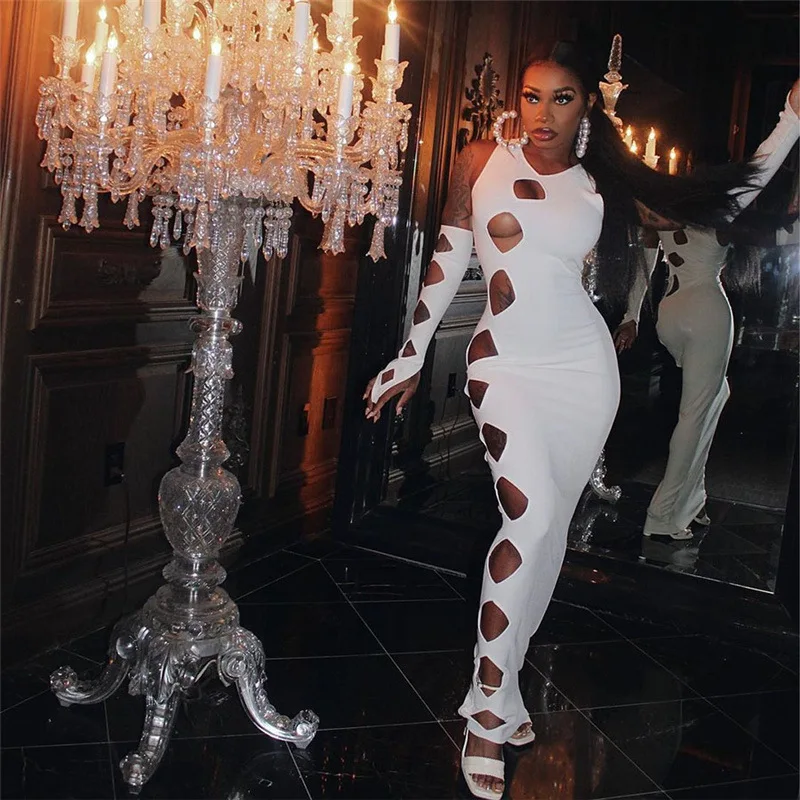 

Elegant Black White Long Women Dress Sexy Hollow Out O Neck Bodycon Maxi Dress with Oversleeve Evening Club Party Dress Robe