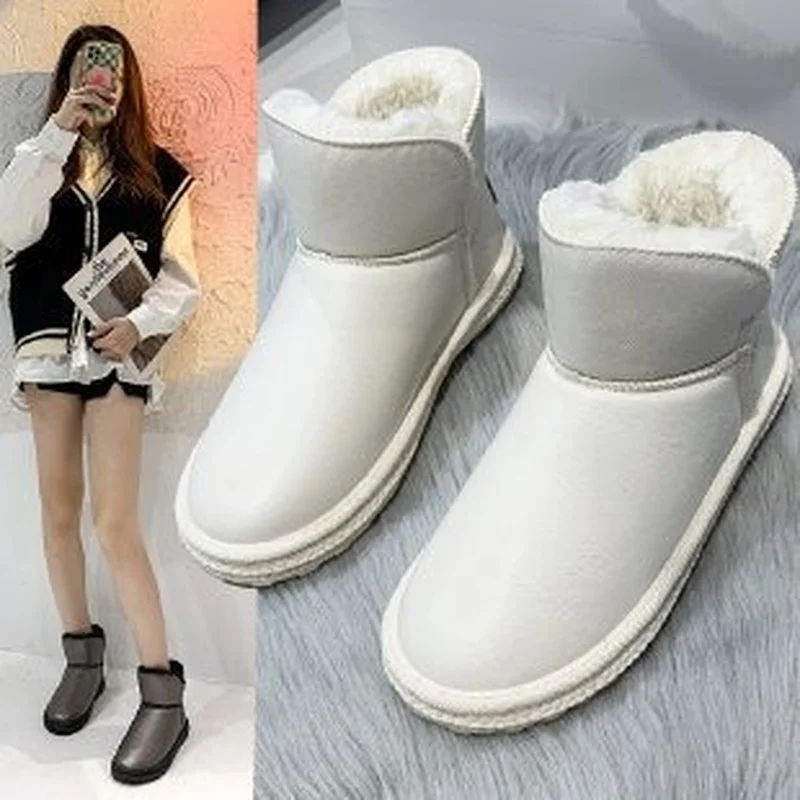 

Зимние модные меховые зимние ботинки Корейская версия с бриллиантами низкие короткие кожаные туфли с бархатной толстой хлопковой подкладк...