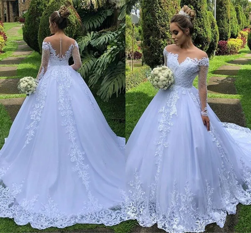 

Modest 2021 Long Sleeve Wedding Dresses Western Garden A Line Sheer Off Shoulder Appliqued Ruched Bride dress Wedding Gowns