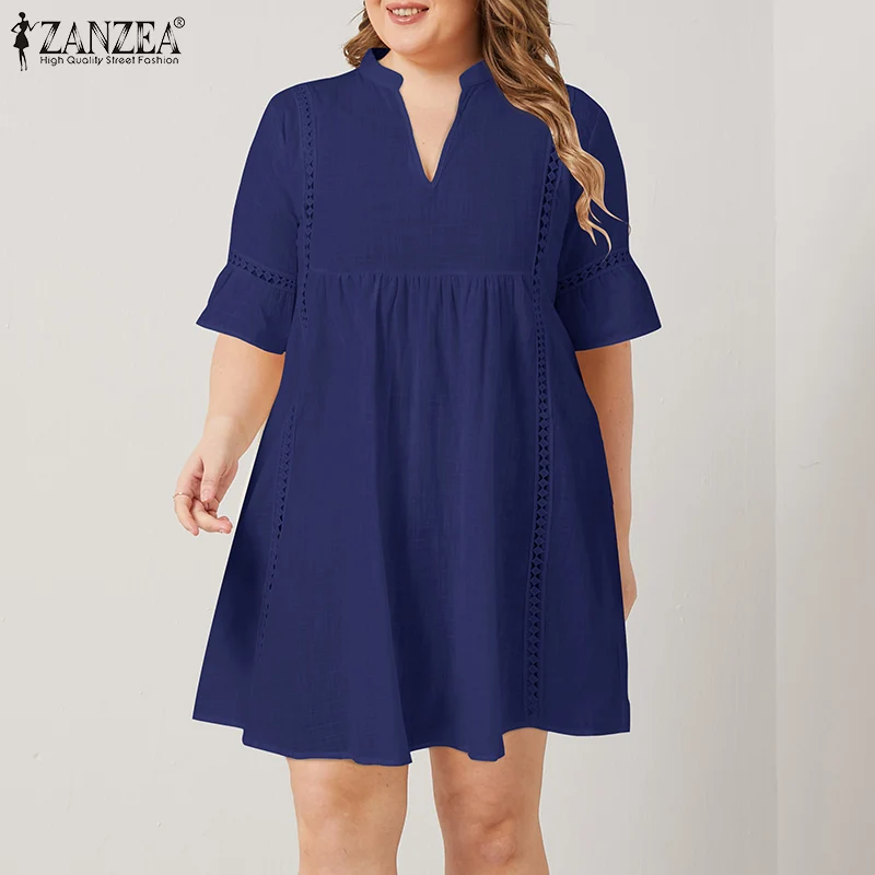 

Plus Size Bohemian Lace Summer Sundress ZANZEA 2022 Women Flare Sleeve Dress Female V Neck Party Short Vestidos Robe Femme 5XL