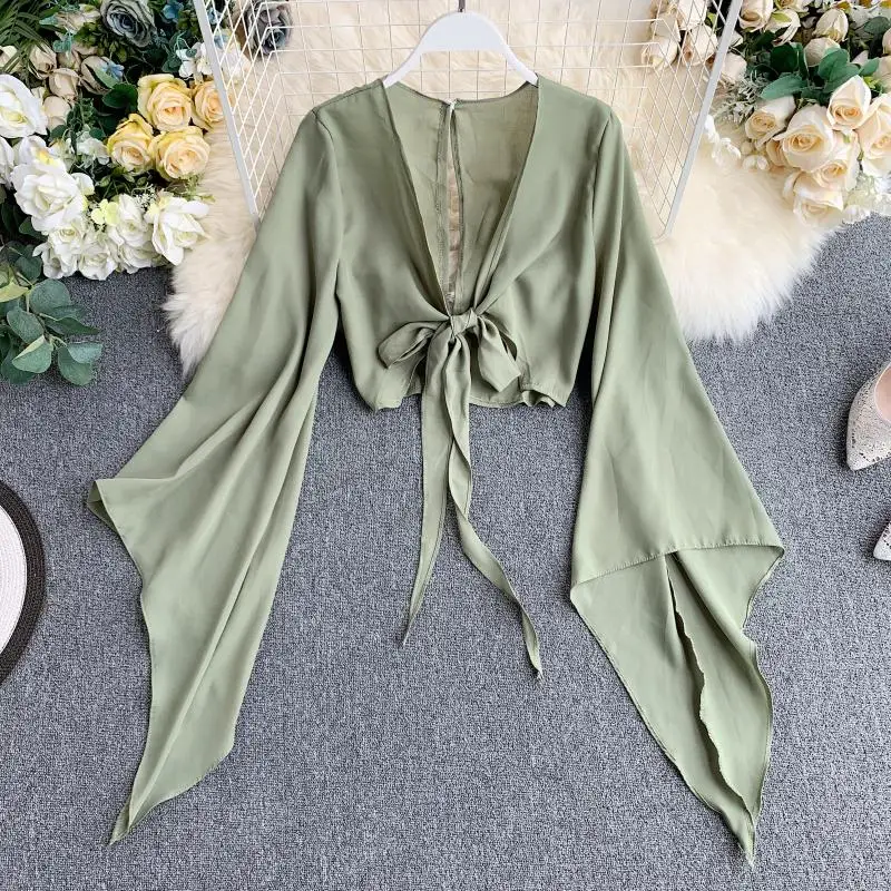 

Summer 2 Piece Chiffon Outfits For Women Flare Sleeve Crop Top + Broad-legged Shorts Fashion Ladies Sexy Suit Set