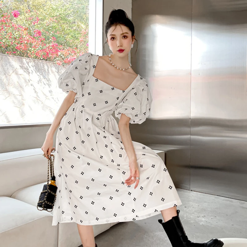 

GALCAUR Vintage Dress For Women Square Collar Puff Short Sleeve High Waist A Line Mid Hit Color Dresses Female 2021 Clothing New