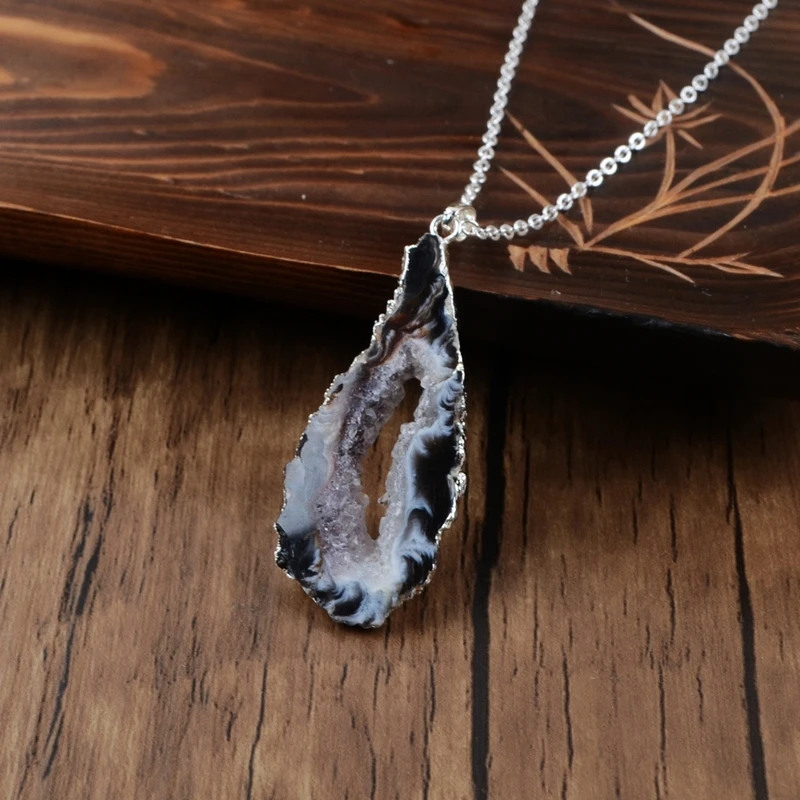 with 18inch chain Натуральный агат срез подвеска Цепочки и ожерелья оникс кулон Agates Druzy Кулоны из нержавеющей стали 18 дюймов Drusy Цепочки и ожерелья ежедневно Стиль Boho ювелирные изделия, подарок девочке - Окраска металла: with 18inch chain