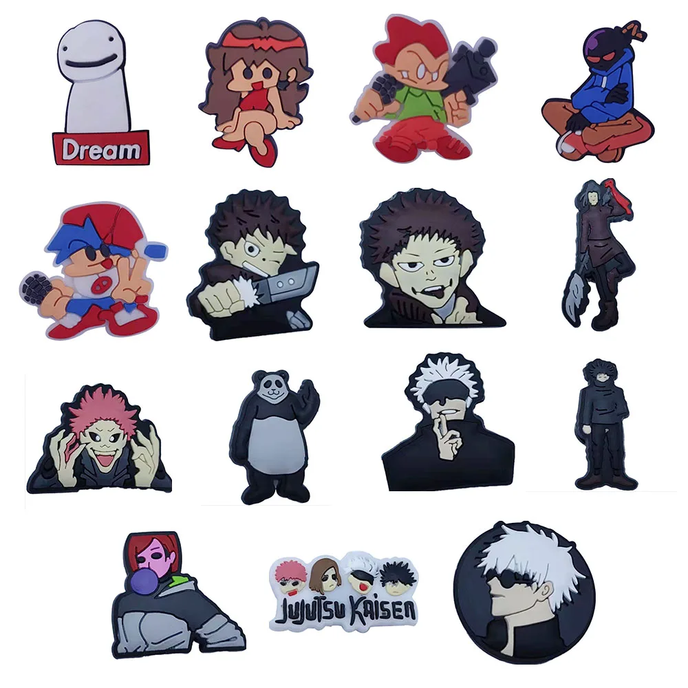 

Wholesale 15pcs PVC Mix Anime Character Shoe Decorations Cool Garden Shoes Accessories Fit Boys Backpack Croc Jibz Charm