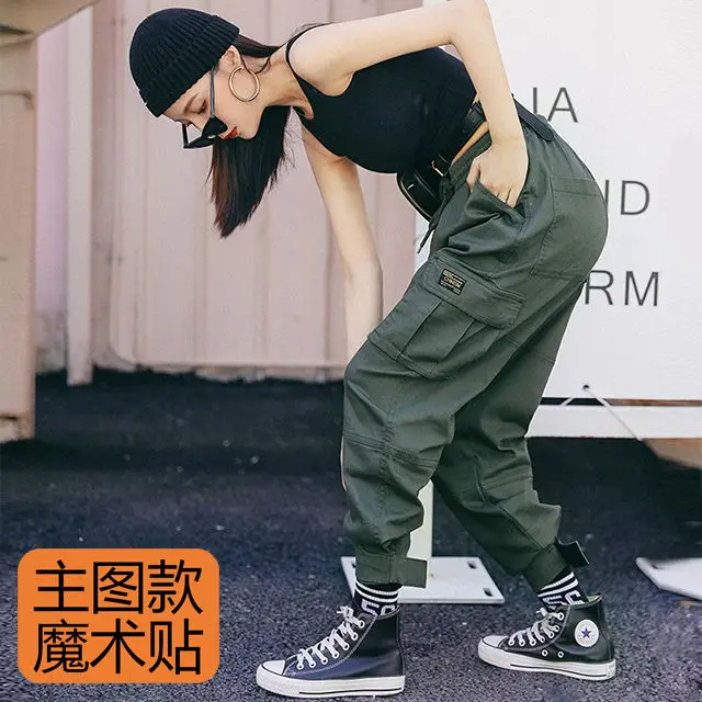 harajuku zipper streetwear women casual harem pants with chain solid black pant cool fashion hip hop long trousers capris | Женская
