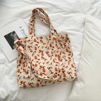 womens tote bag corduroy shoulder bags 2021 girl shopper fashion casual sweet rose flower printing large capacity eco handbags