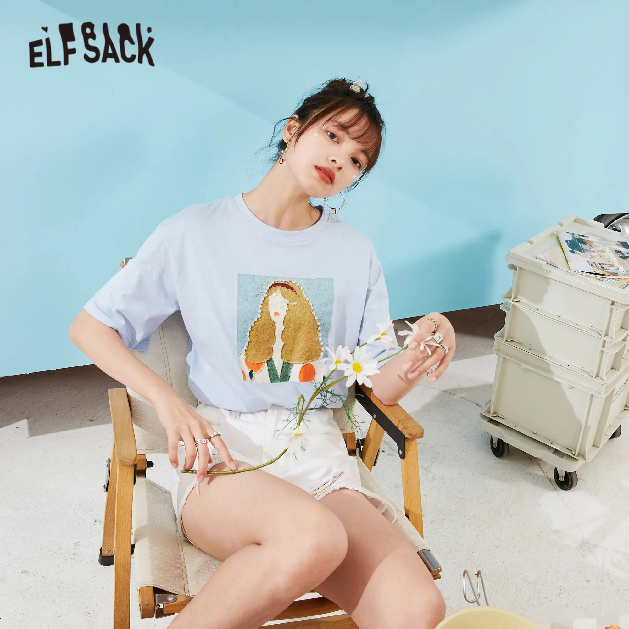 

ELFSACK Harajuku, шикарные повседневные женские футболки с графическим принтом, 2021 летние винтажные Женские базовые с коротким рукавом, топы на каж...