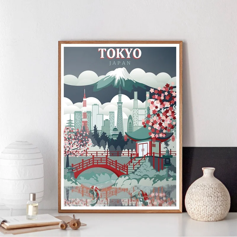 Токио Япония настенное искусство Сакура дерево путешествия кои рыбный город