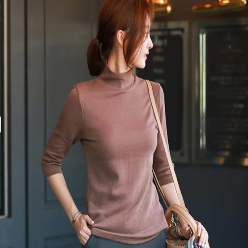 

Spring and autumn High-necked Middle sleeve t-shirt women's knitted solid color shirt