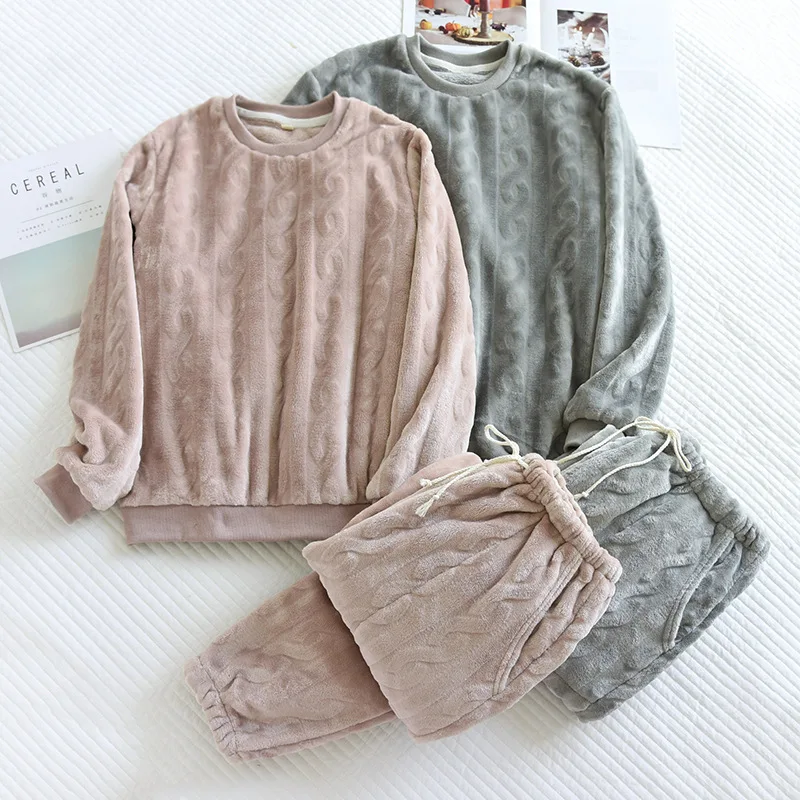 

Couple Floral Stripe Pajamas Sets 2PCS Velour Sports Pyjamas Suit Thicken O-Neck Sleepwear Women Nightwear Lovers Hoem Wear