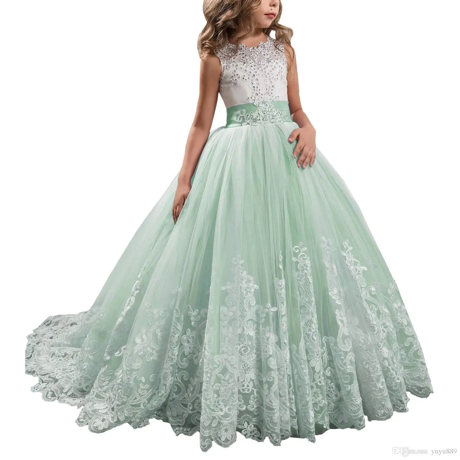 

Sequined Flower Girls Dresses For Wedding Formal Prom Evening Party Little Girls Kids Ball Gowns Lace Applique Ruched Long