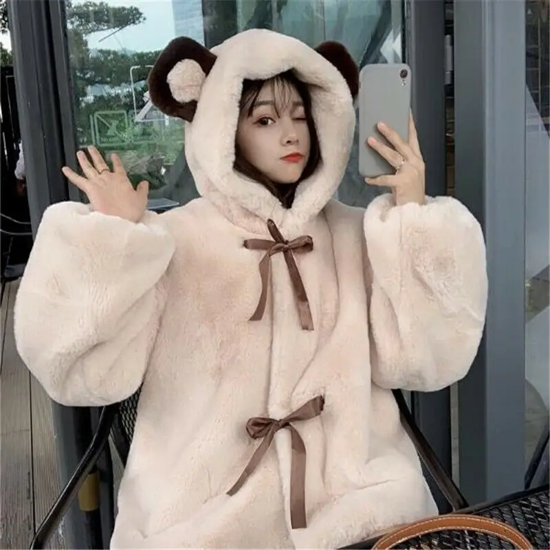 

Women Winter Lamb Wool Hooded Sweatshirts Faux Fur Coat Jacket Kawaii Fluffy Hooded Tops Harajuku Outerwear Warm Pullovers