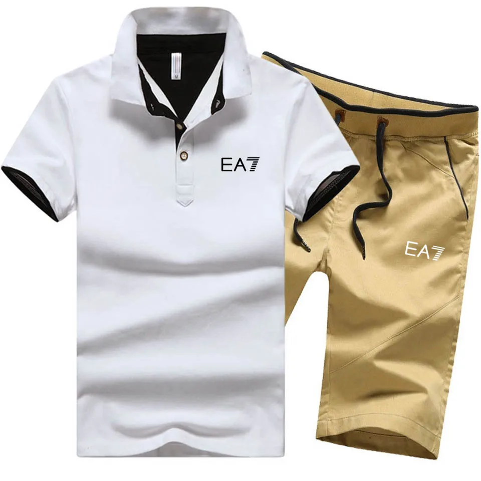 

2021 Summer High Quality Men Cotton Short Sleeve Lapel Polo T Shirt + Beach Shorts Set Casual Tracksuit Men's Top + Pant Suit
