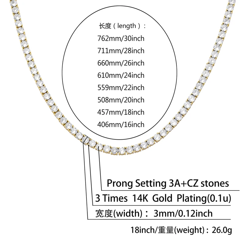 JINAO Hip Hop Iced Out 3-6mm Chain Spring buckle Micro Pave Cubic Zircon Copper Stone Tennis Necklace for Men Women Gifts | Украшения и