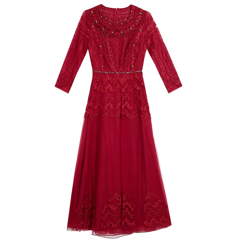 

Wine Red Dress Long Skirt 2021 Spring New High Sense Rhinestone Fashion Slim Fit Dinner Suit Woman Dress